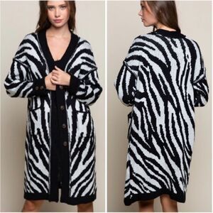 POL Zebra Print Cardigan Sweater Black and White Color Oversized Warm Brand New